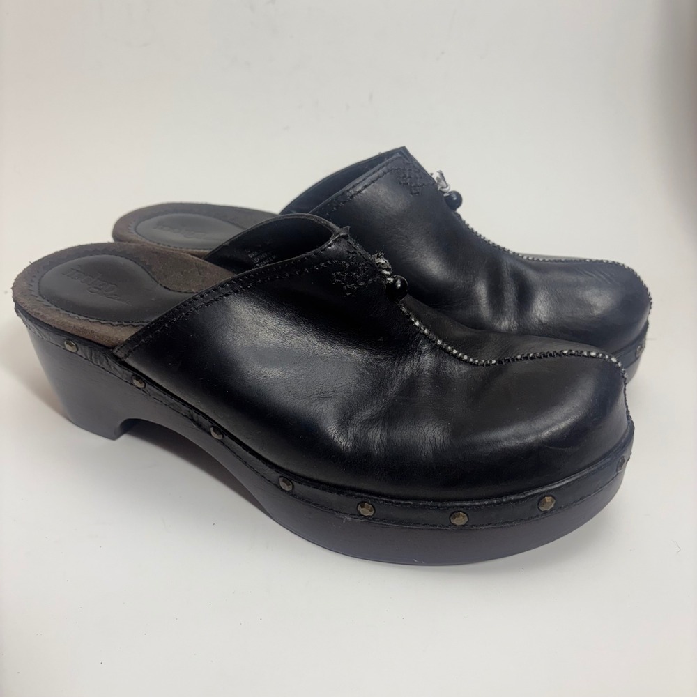 Indigo by Clarks Black Leather Studded Platform Clogs Mules Size 10M K2851